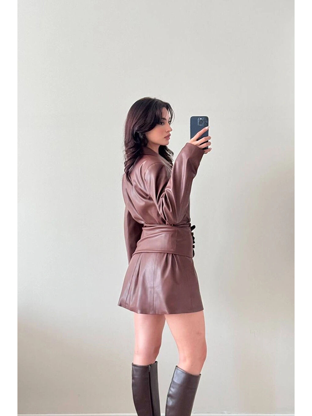 Kahverengi Kadın Kahve Deri Ceket Seyyar Bağlamalı Kuşak Takım 1041-2701-1