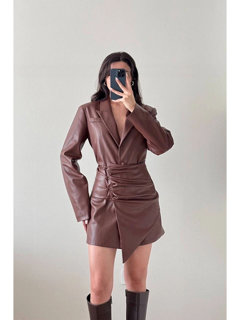 Kahverengi Kadın Kahve Deri Ceket Seyyar Bağlamalı Kuşak Takım 1041-2701-2