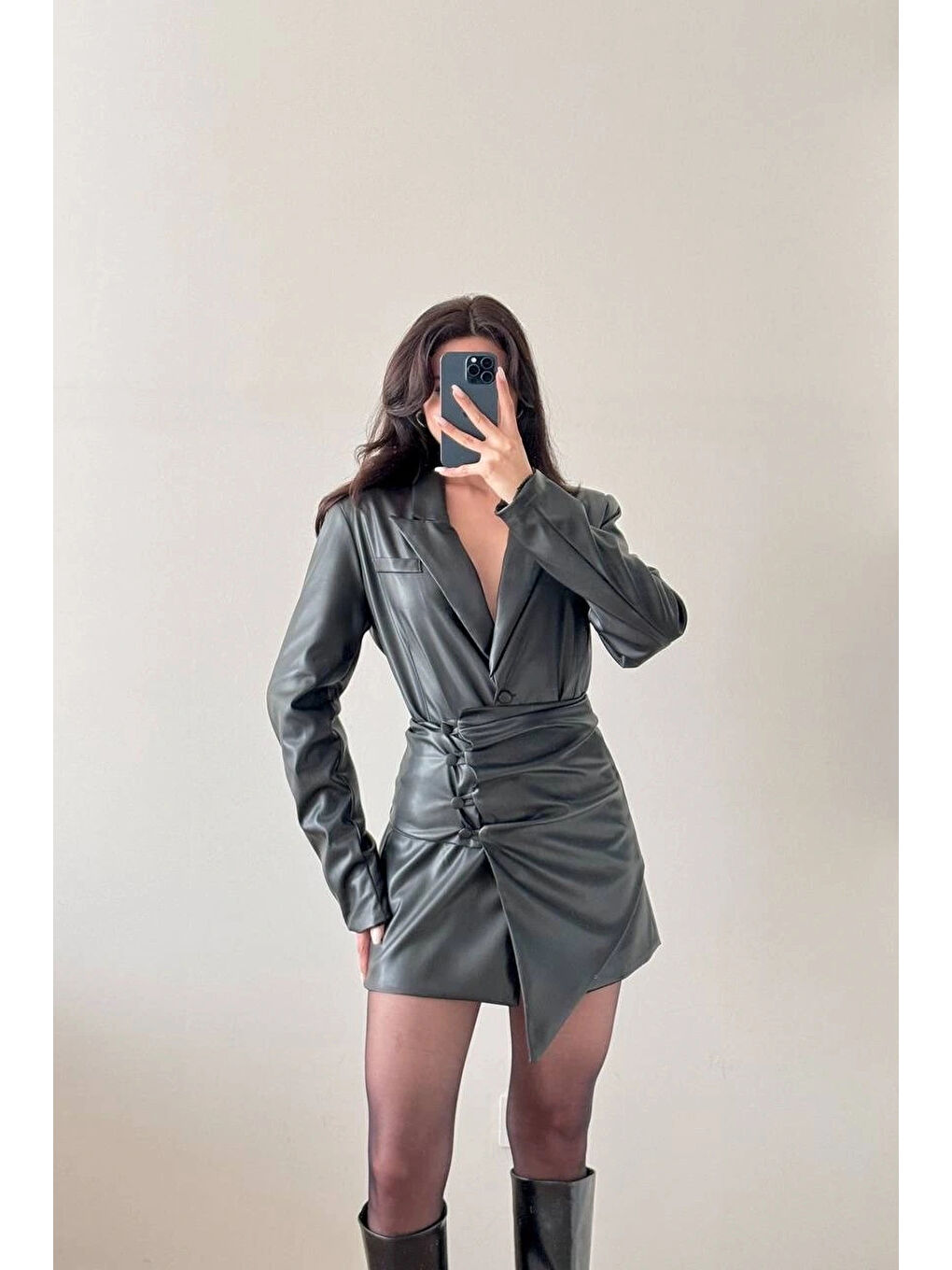 Kadın Siyah Deri Ceket Seyyar Bağlamalı Kuşak Takım 1041-2701-2