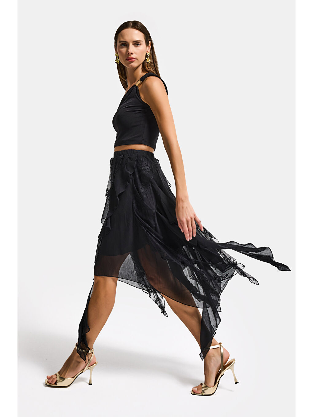 Kadın Siyah w5 Asimetrik Kesim Dantel Tül Detaylı Özel Tasarım Etek-1