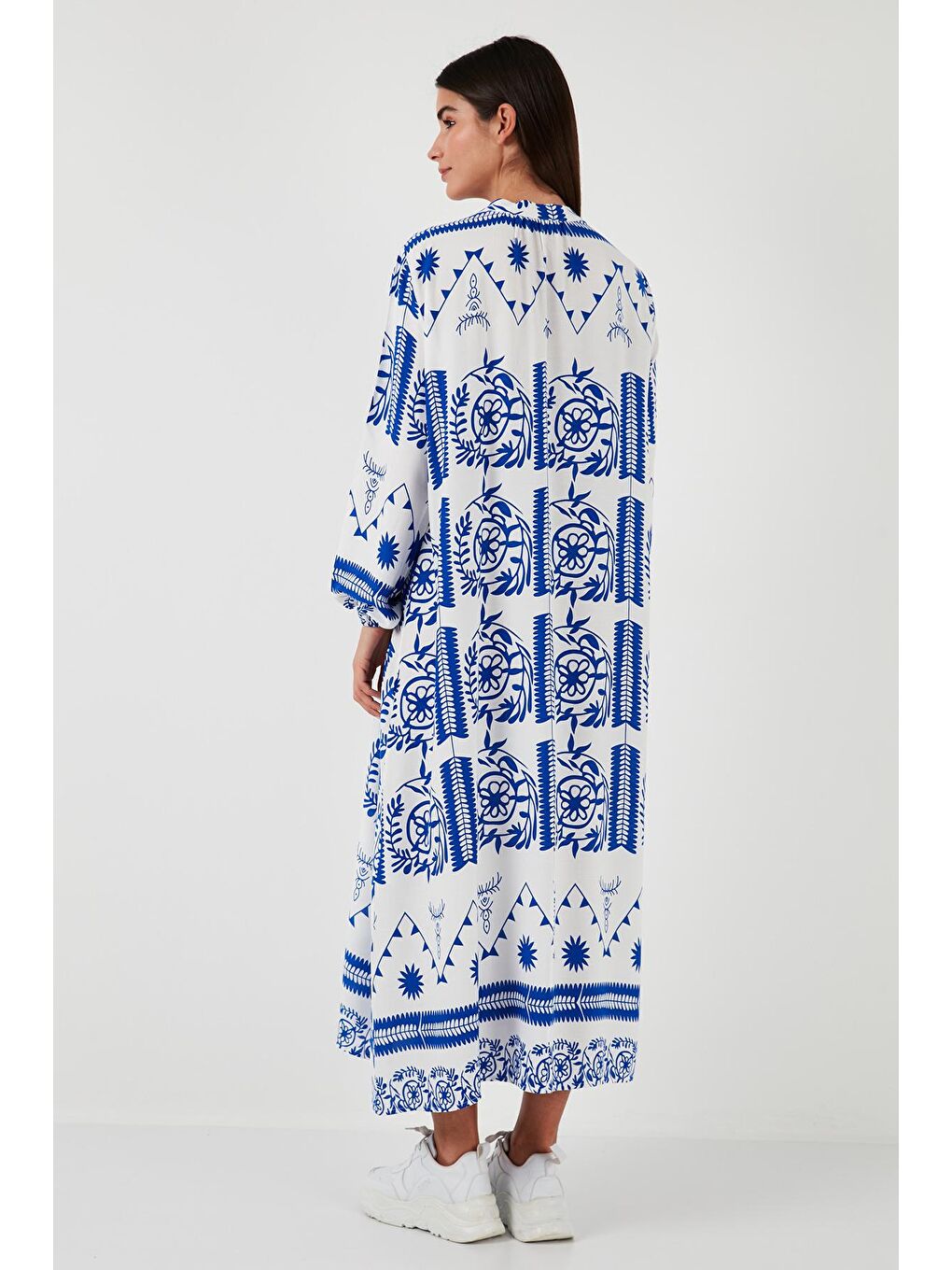 Mavi Desenli Regular Fit Bağlamalı V Yaka Maxi Elbise 611El510-4