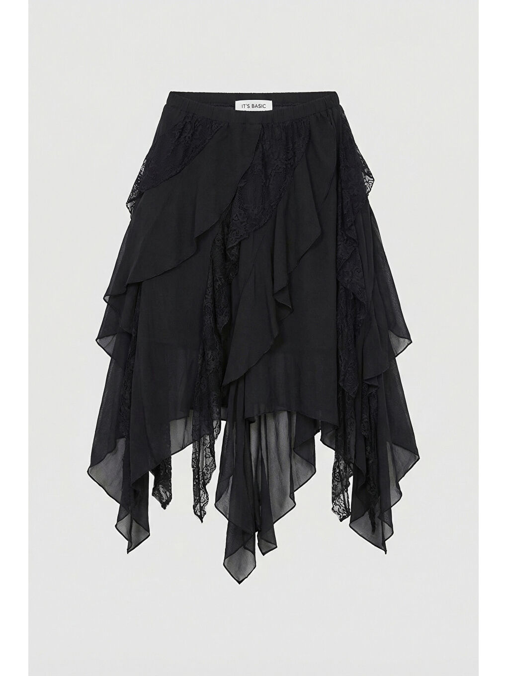 Kadın Siyah w5 Asimetrik Kesim Dantel Tül Detaylı Özel Tasarım Etek-3