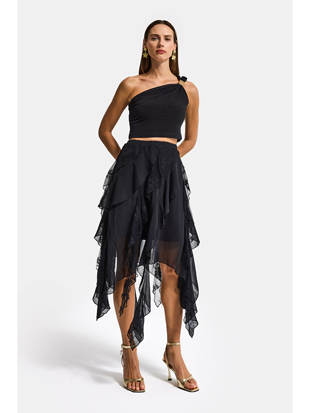 Kadın Siyah w5 Asimetrik Kesim Dantel Tül Detaylı Özel Tasarım Etek-4