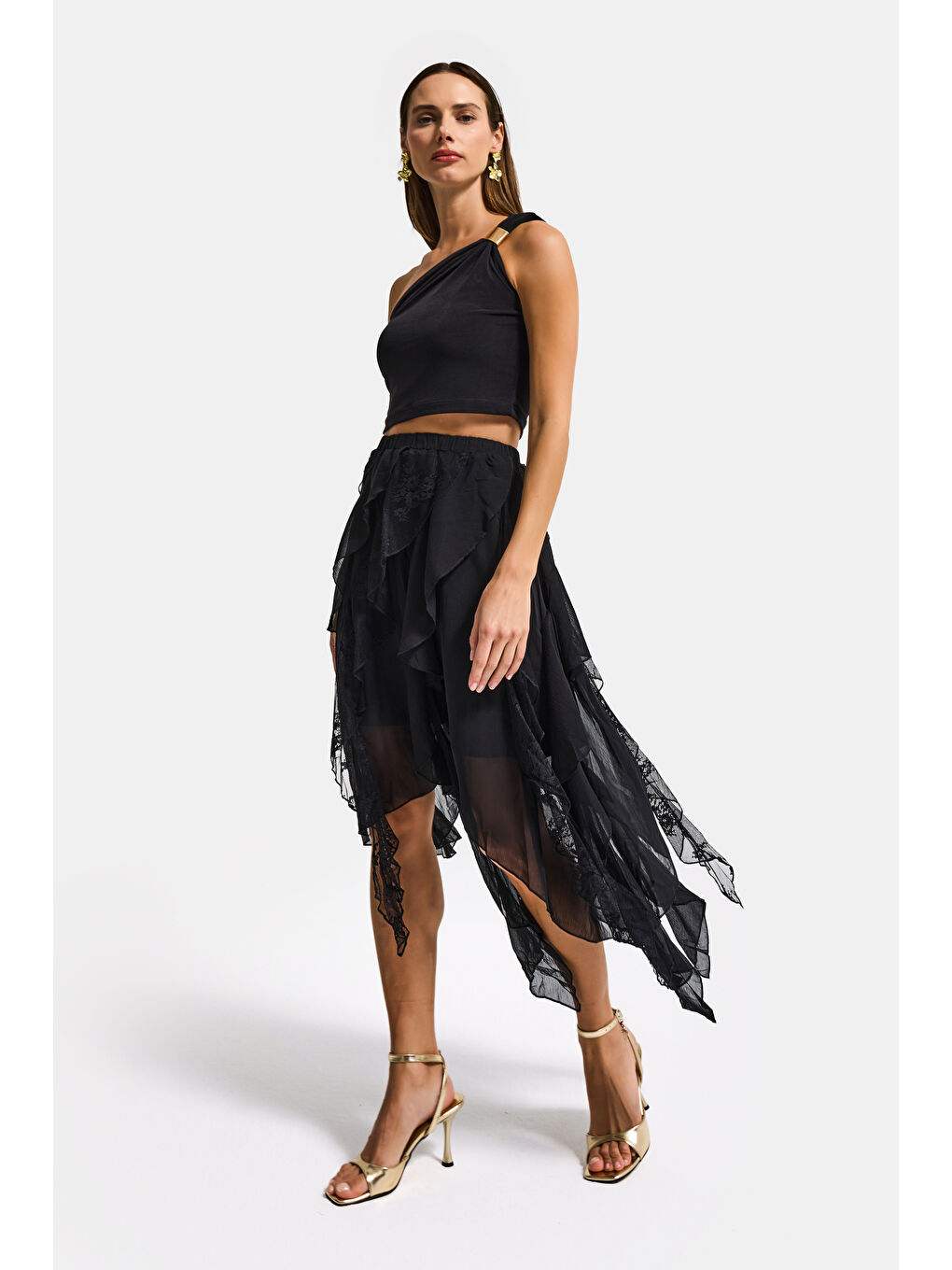 Kadın Siyah w5 Asimetrik Kesim Dantel Tül Detaylı Özel Tasarım Etek-5