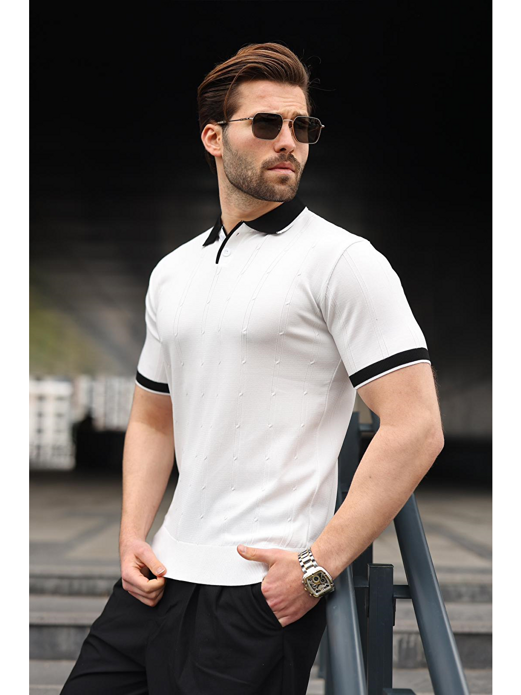 Beyaz Polo Yaka Triko Erkek Tişört E7470