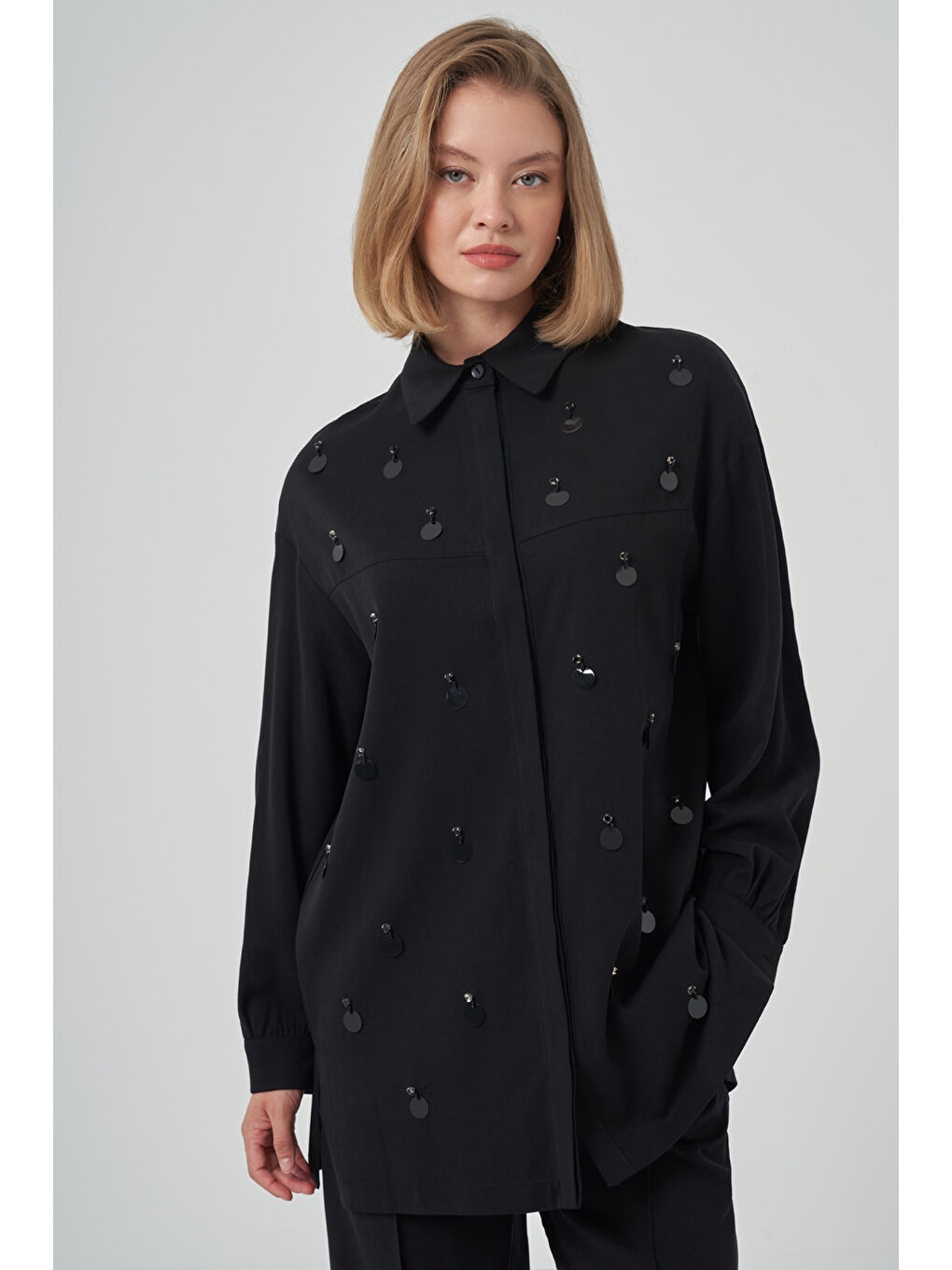 Pul Detay Gömlek Pantolon Takım 1031 Siyah-1