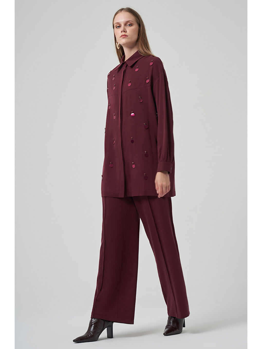 Pul Detay Gömlek Pantolon Takım 1031 Mürdüm-1