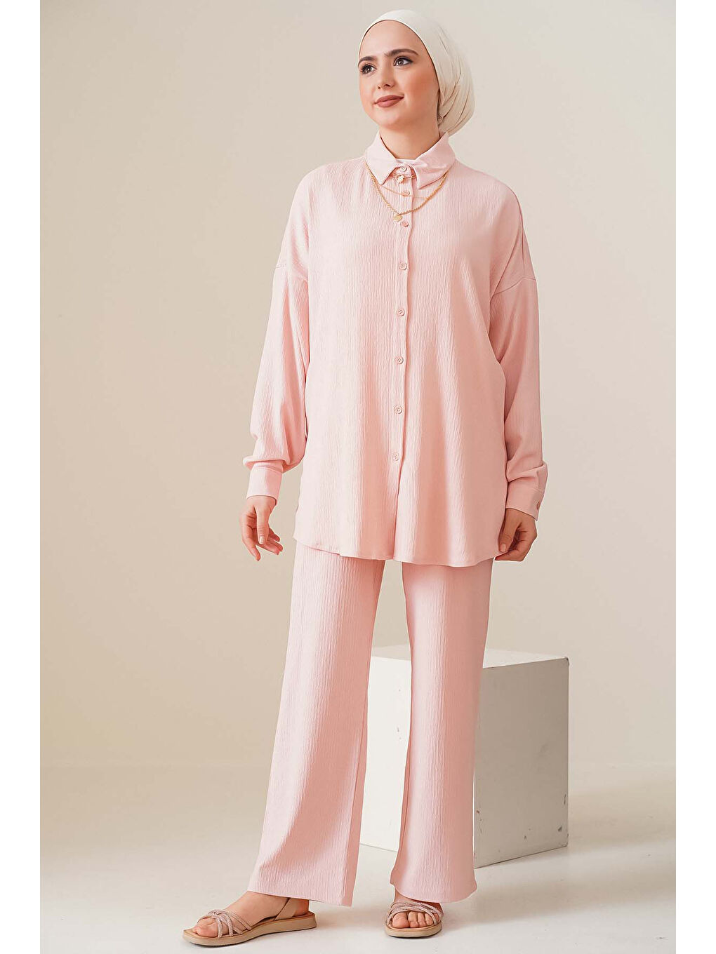 Pembe T5858 Örme Tesettür İkili Takım - Pudra-1