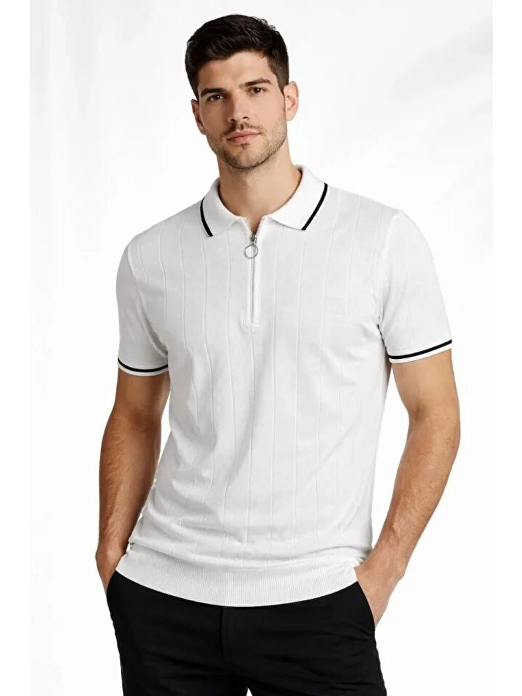 Bej Erkek Dokuma Triko Tişört Fermuar Yakalı Yazlık Kısa Kol T-Shirt 2’li Set-1