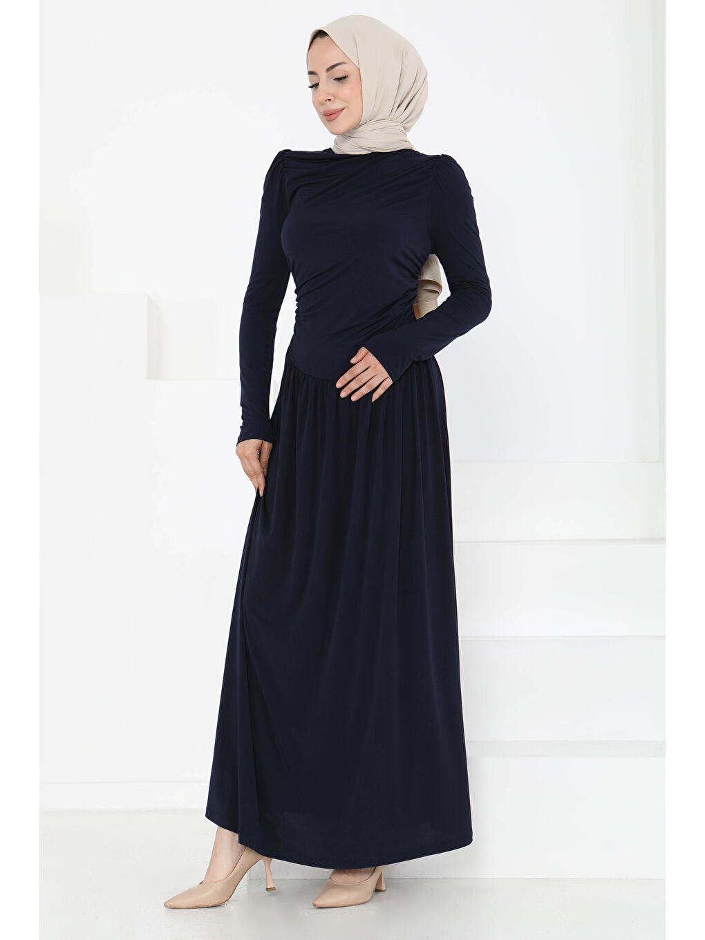 Büzgülü Elbise Lacivert - 27254