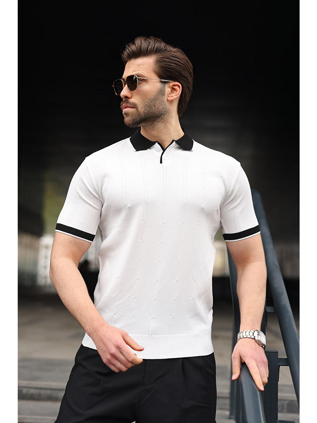 Beyaz Polo Yaka Triko Erkek Tişört E7470-2