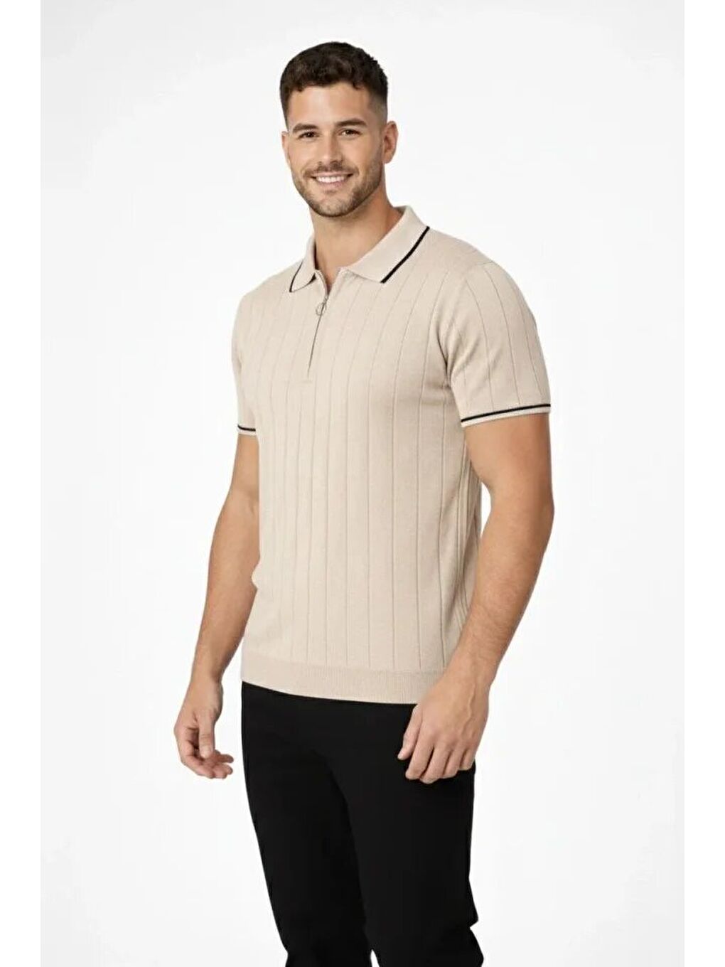 Bej Erkek Dokuma Triko Tişört Fermuar Yakalı Yazlık Kısa Kol T-Shirt 2’li Set-2