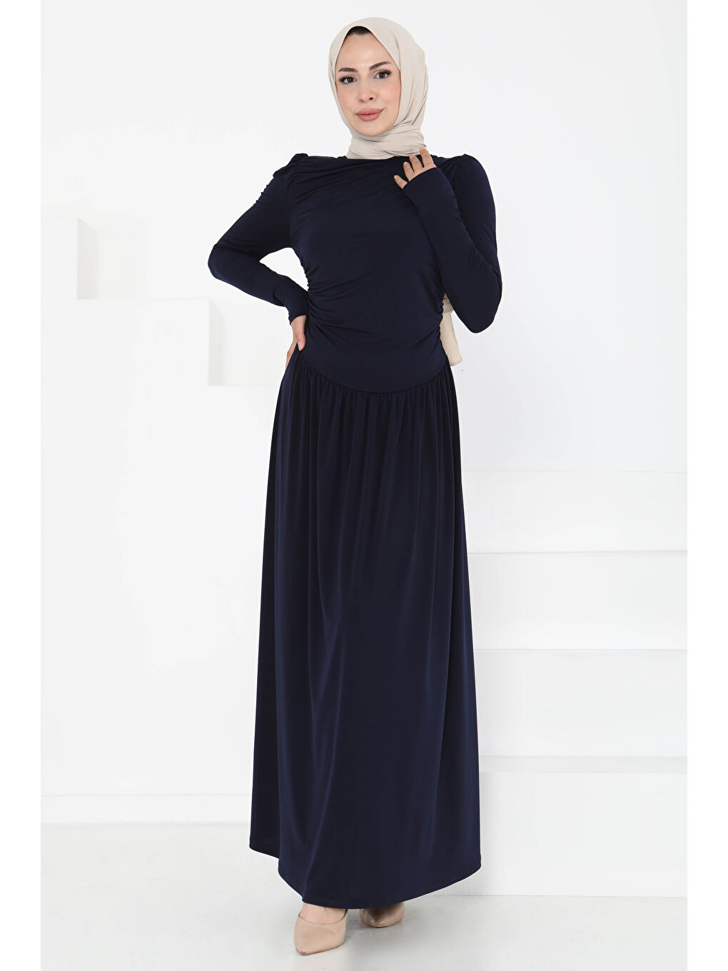 Büzgülü Elbise Lacivert - 27254-2