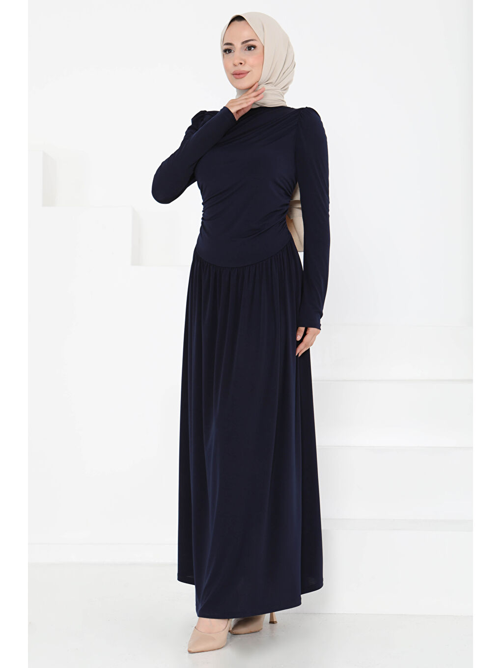 Büzgülü Elbise Lacivert - 27254-3