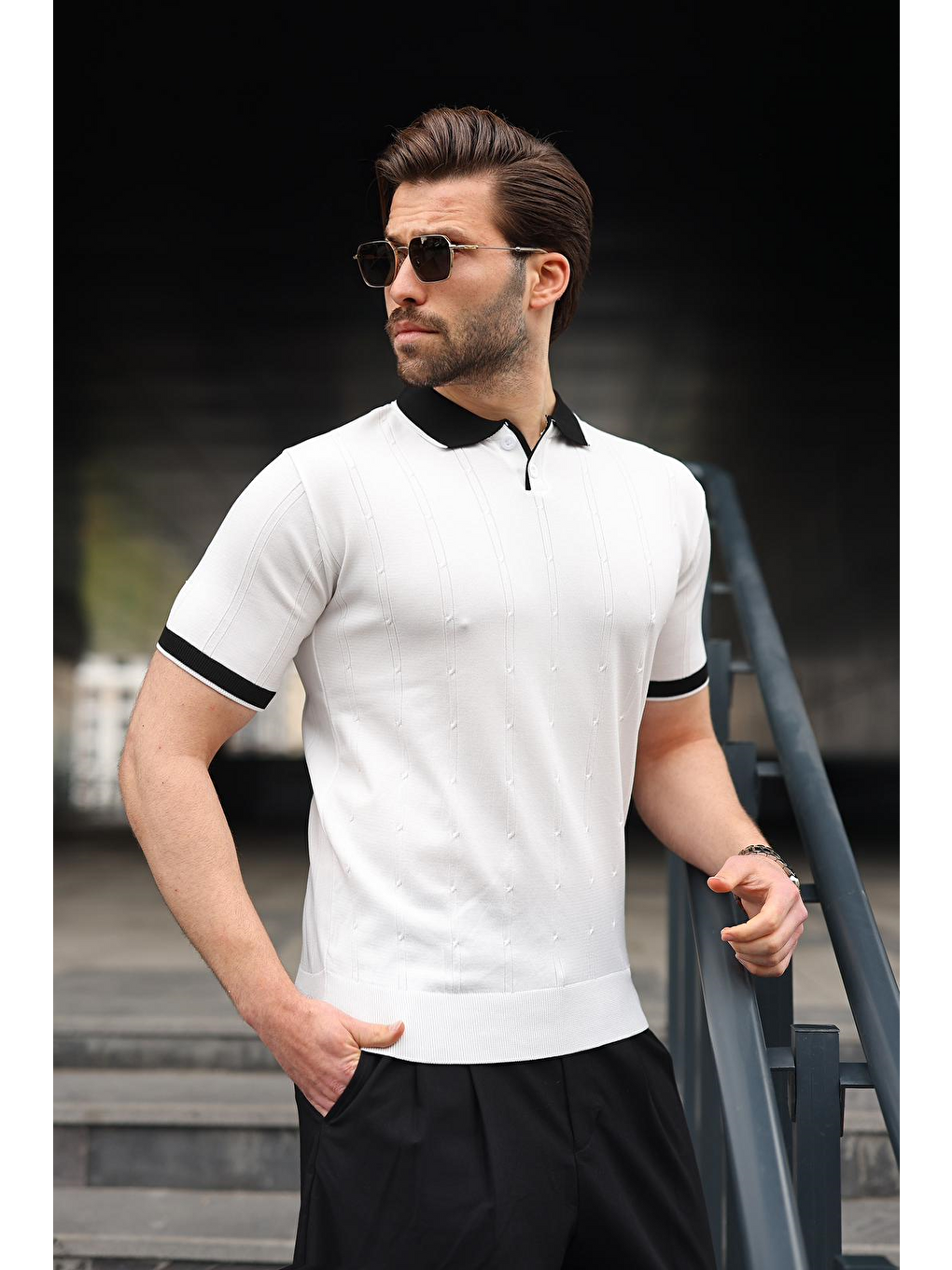 Beyaz Polo Yaka Triko Erkek Tişört E7470-3