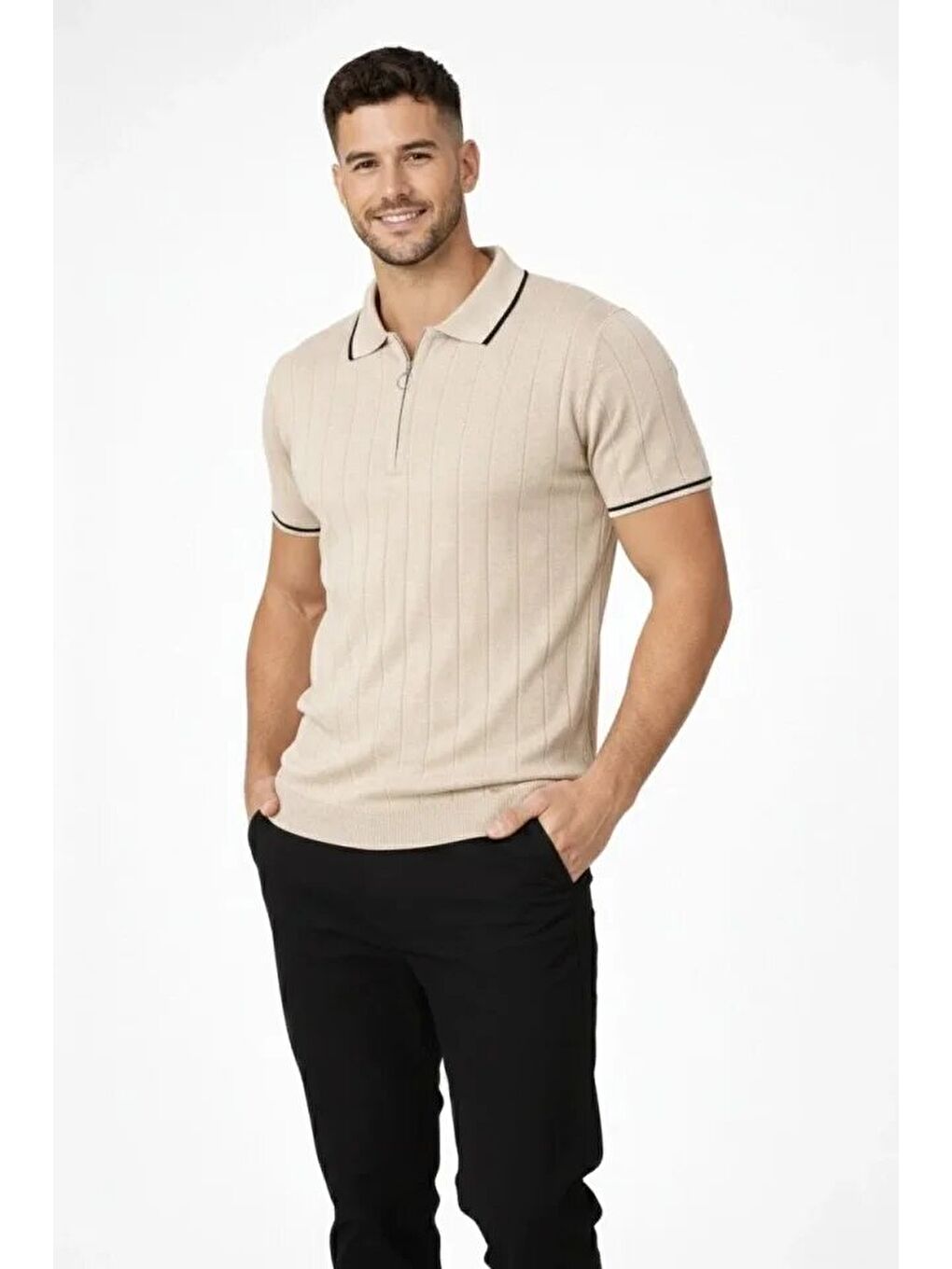 Bej Erkek Dokuma Triko Tişört Fermuar Yakalı Yazlık Kısa Kol T-Shirt 2’li Set-3