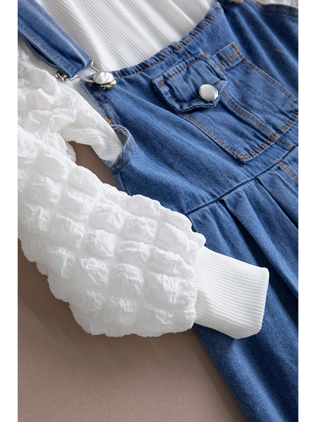 Mavi Göğüs Cepli Salopetli ve Kol Detaylı Badili Kız Çocuk 2li Takım 20511-1