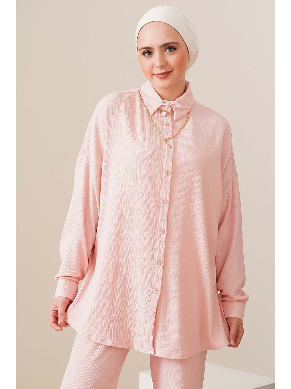 Pembe T5858 Örme Tesettür İkili Takım - Pudra-2