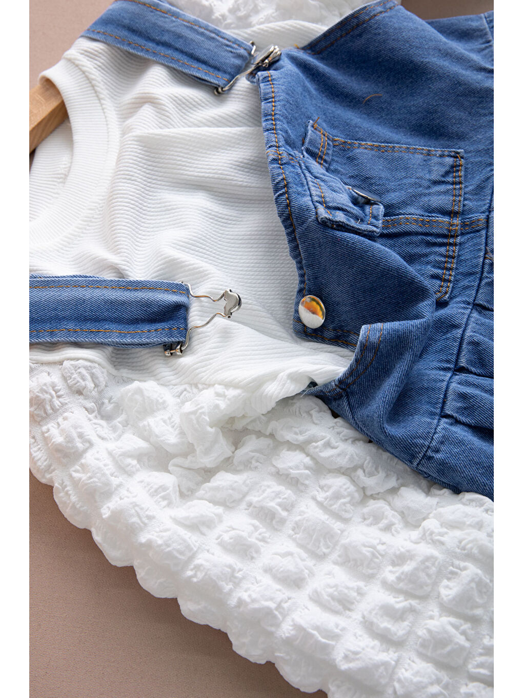 Mavi Göğüs Cepli Salopetli ve Kol Detaylı Badili Kız Çocuk 2li Takım 20511-2