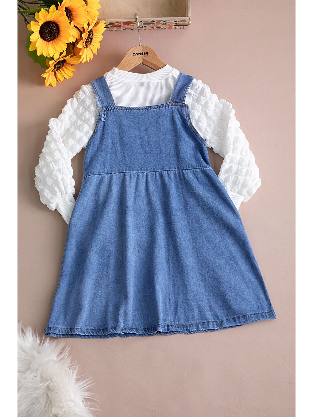 Mavi Göğüs Cepli Salopetli ve Kol Detaylı Badili Kız Çocuk 2li Takım 20511-3