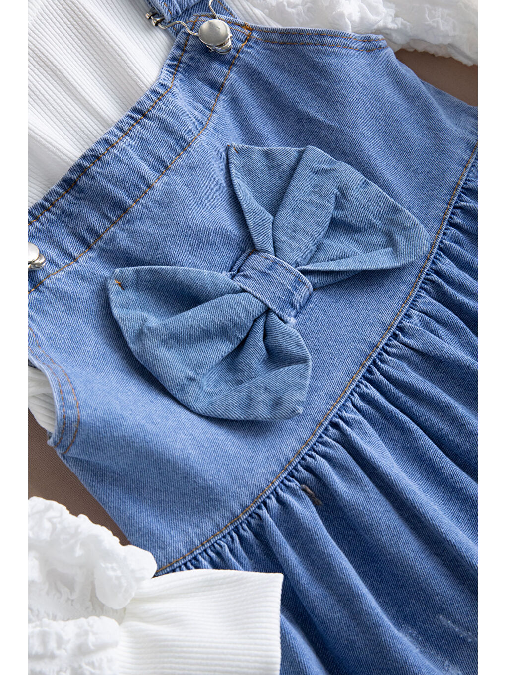 Mavi Fiyonklu Salopetli ve Kol Detaylı Badili Kız Çocuk 2li Takım 20510-1