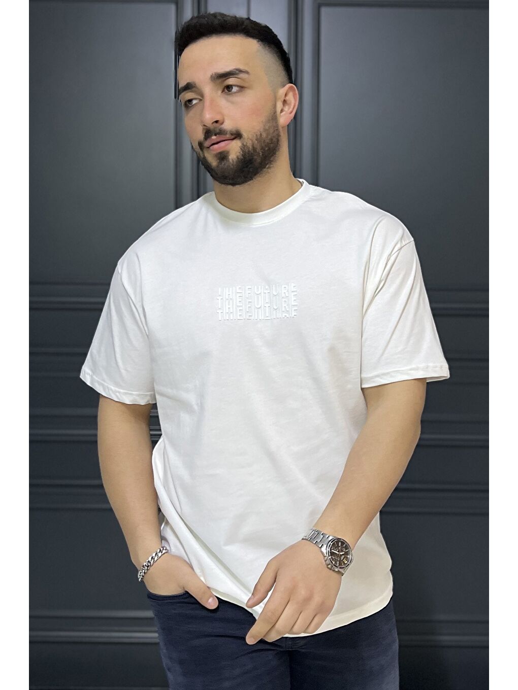 Ekru Erkek Silikon Yazı Baskılı Bisiklet Yaka Tişört