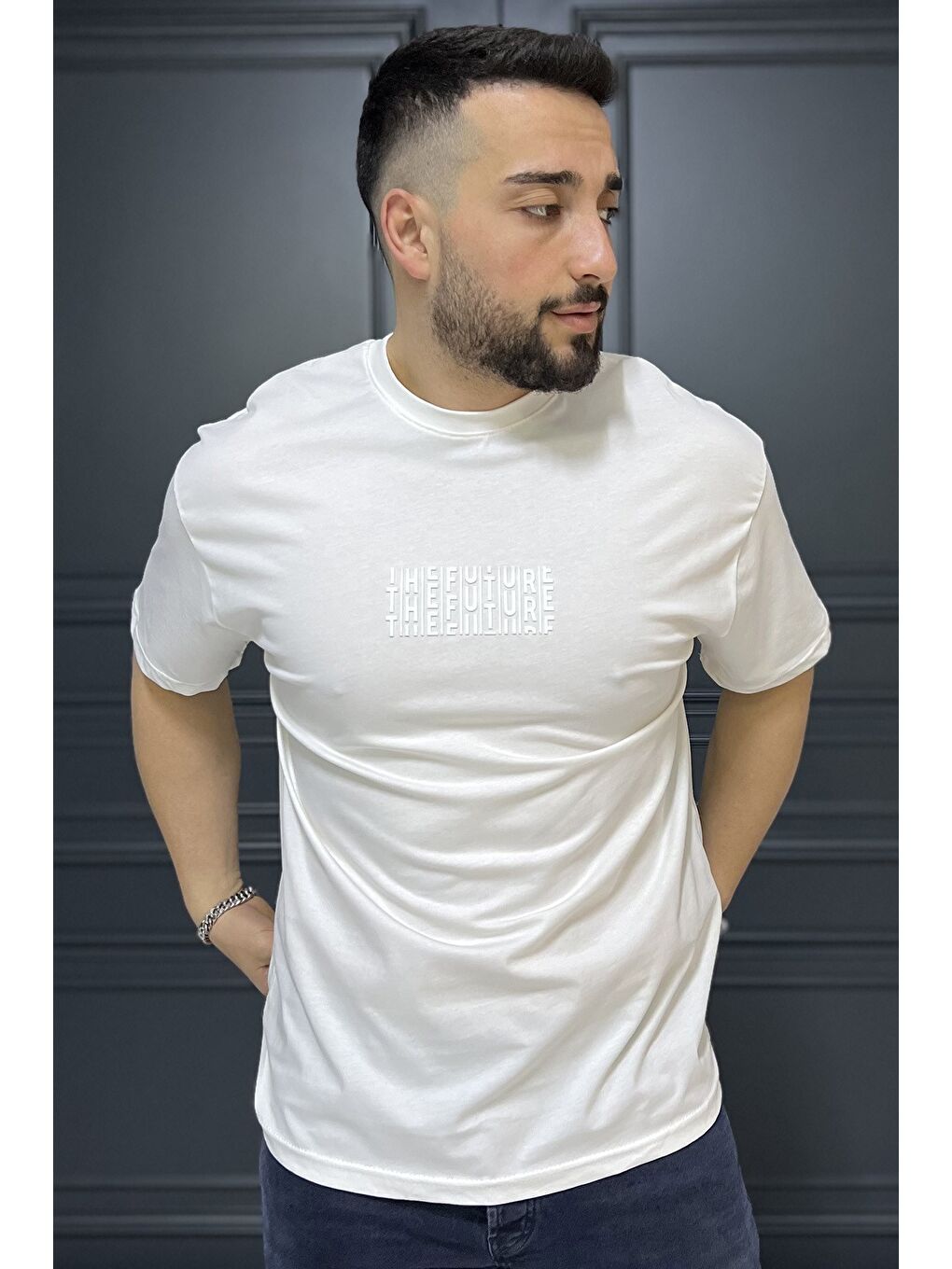 Ekru Erkek Silikon Yazı Baskılı Bisiklet Yaka Tişört-1