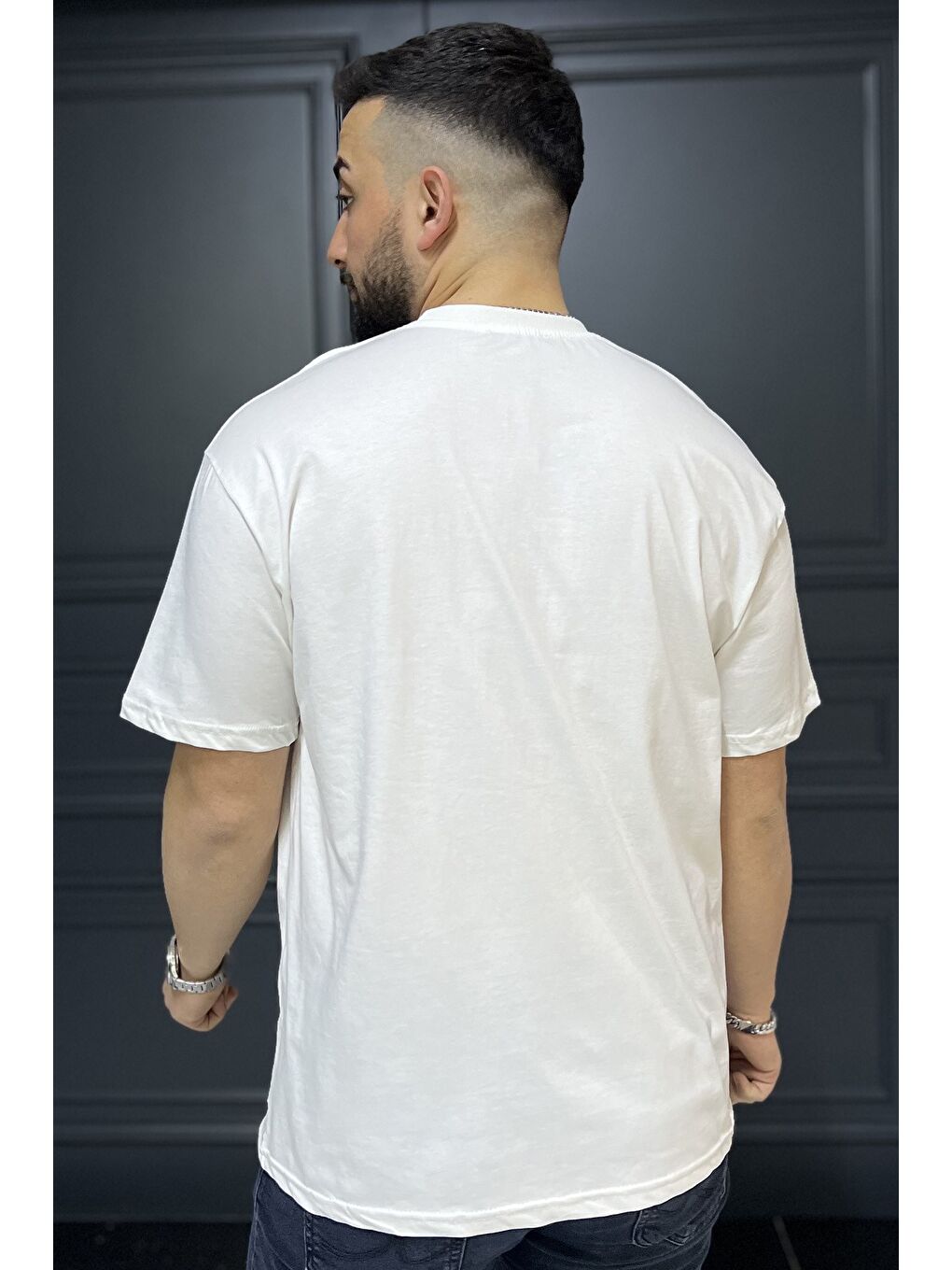 Ekru Erkek Silikon Yazı Baskılı Bisiklet Yaka Tişört-2