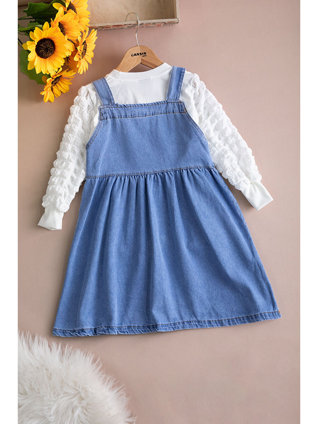 Mavi Fiyonklu Salopetli ve Kol Detaylı Badili Kız Çocuk 2li Takım 20510-3