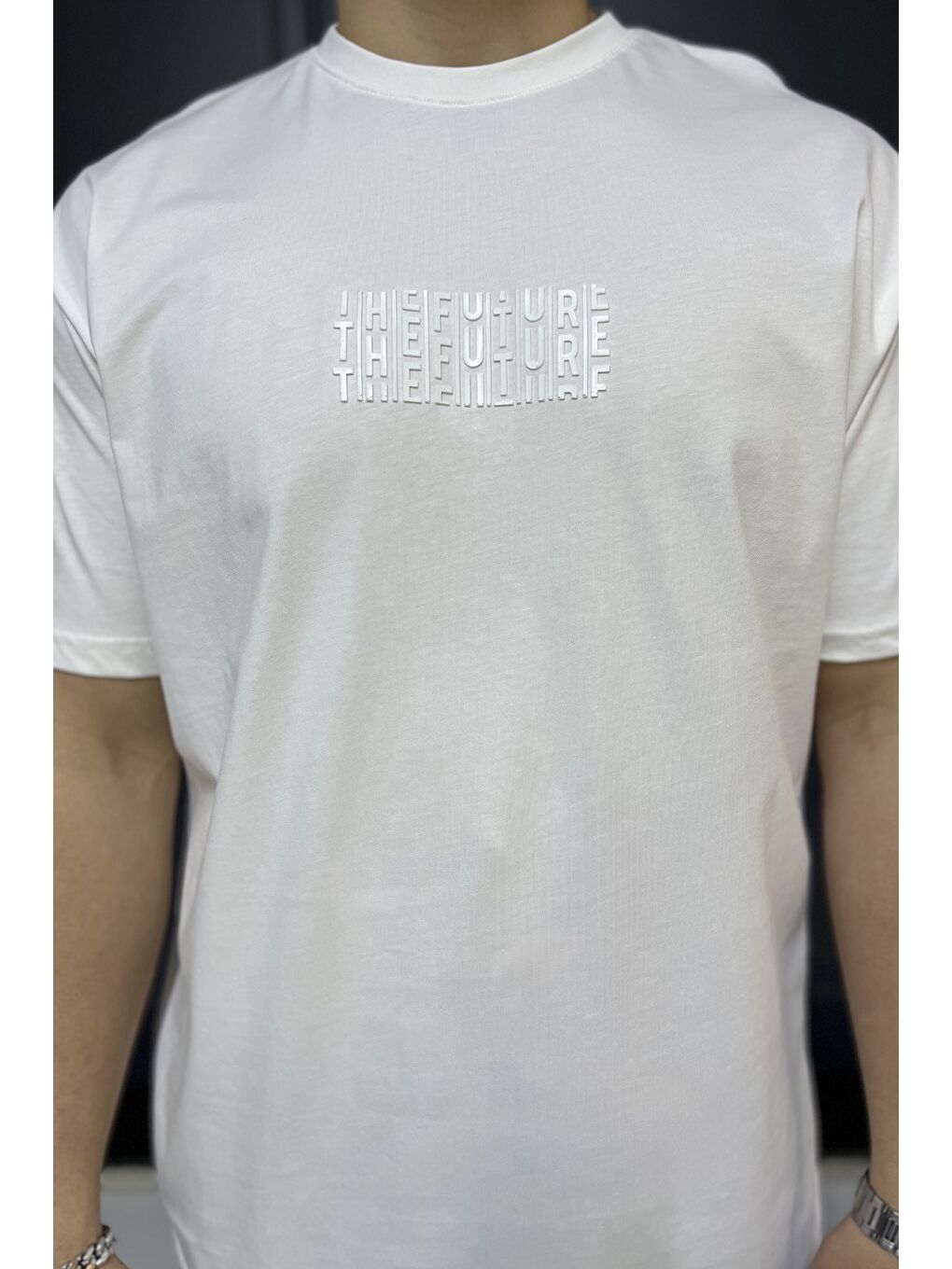 Ekru Erkek Silikon Yazı Baskılı Bisiklet Yaka Tişört-3