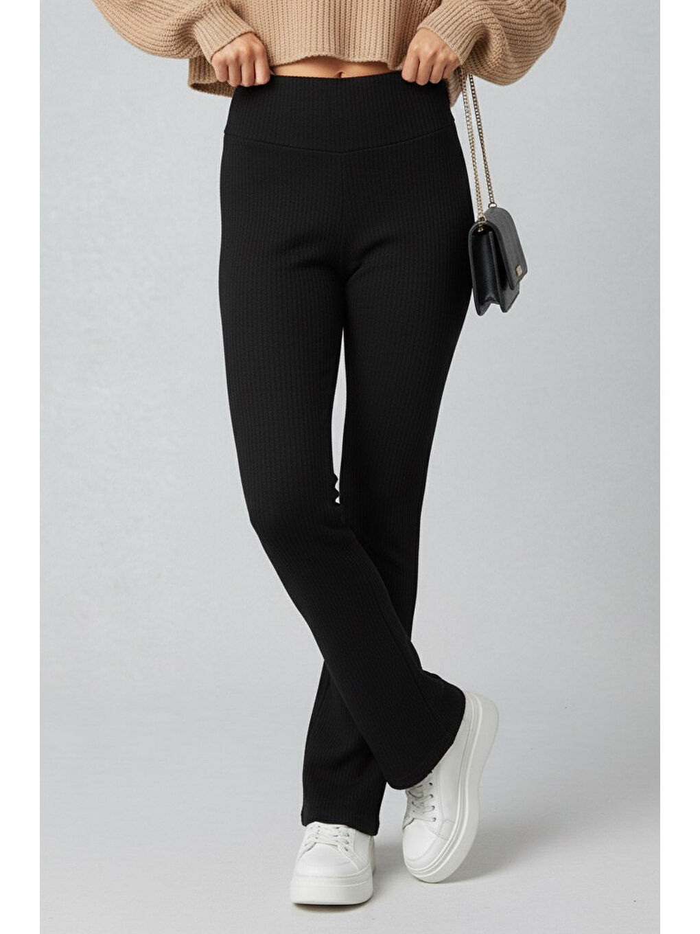 İspanyol Paça Yüksek Bel Raporlu Tayt Siyah - 27980-SIYAH-1