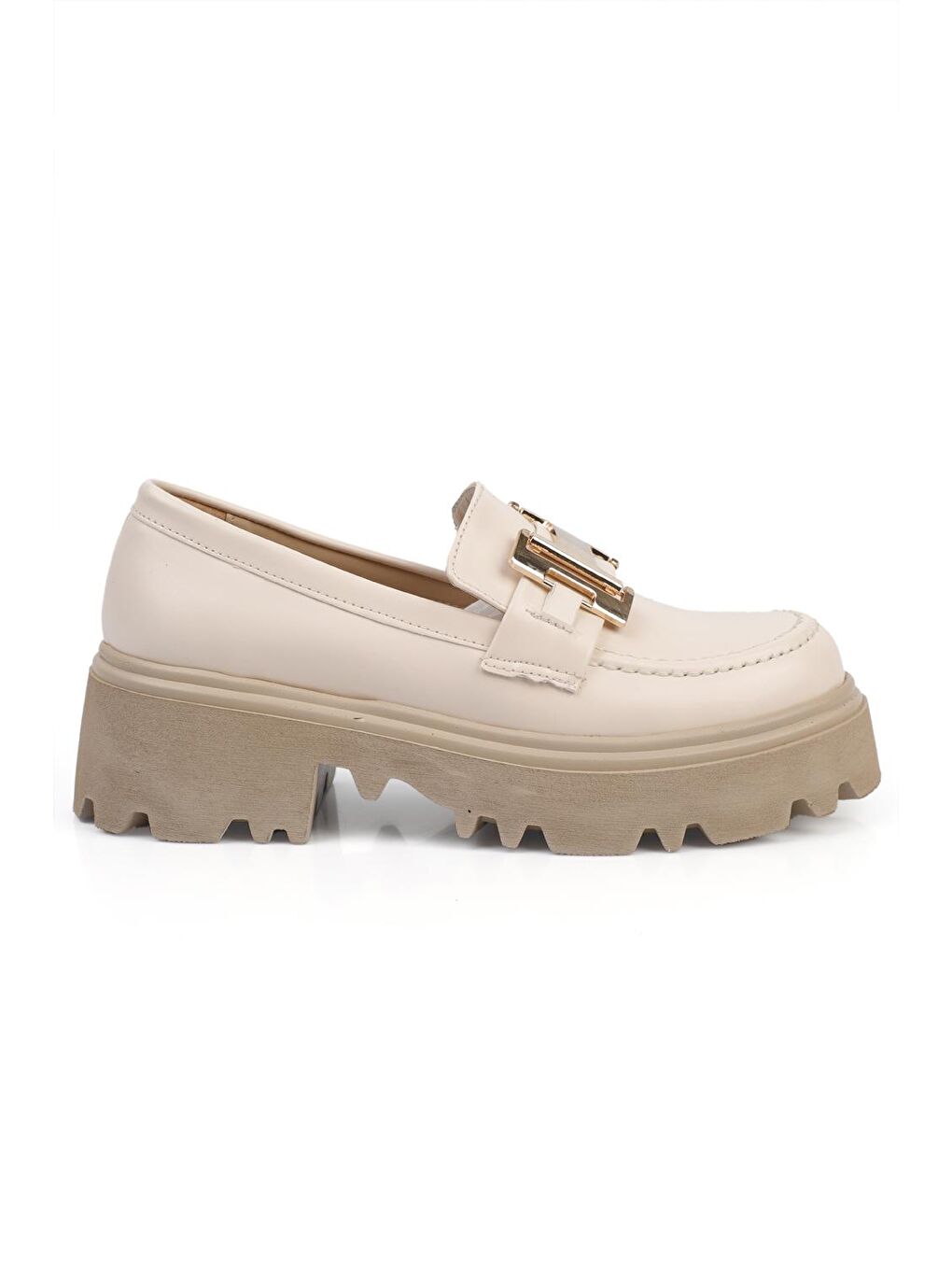 Bej Yuvarlak Burunlu H Tokalı Kadın Loafer-2