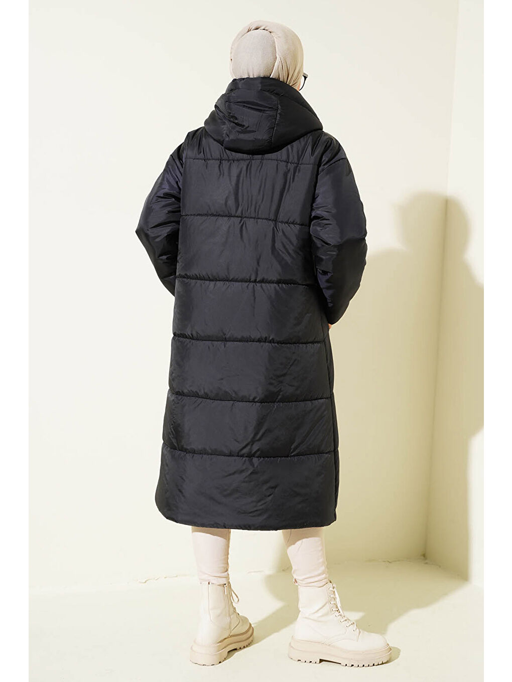 T5120 Kapüşonlu Uzun Şişme Tesettür Mont   Lacivert-9