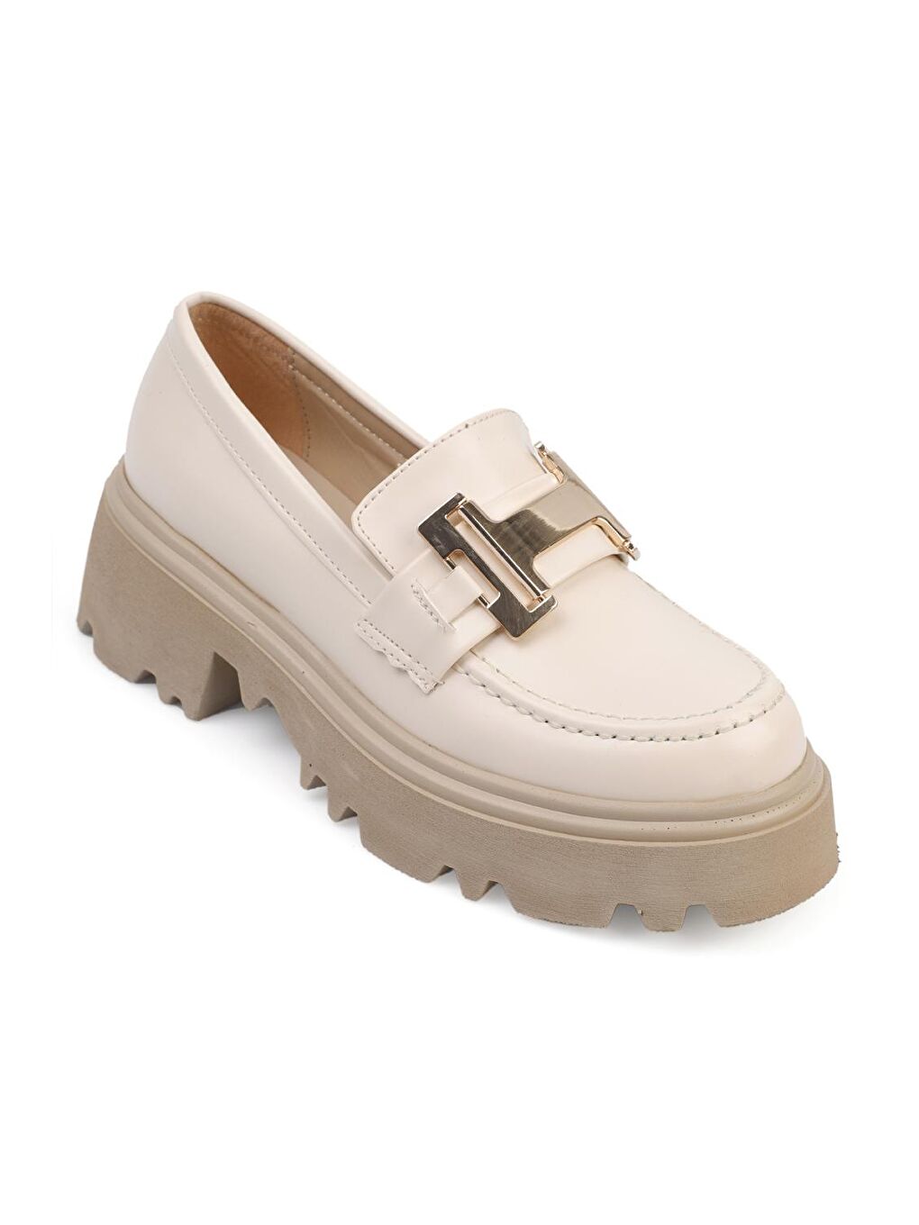 Bej Yuvarlak Burunlu H Tokalı Kadın Loafer-3