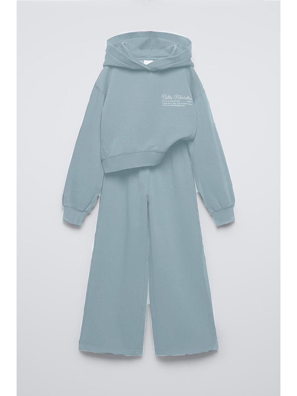 Yeşil Kız Çocuk Kapüşonlu Baskılı 3 İplik Pamuklu Kumaş Alt Üst Takım