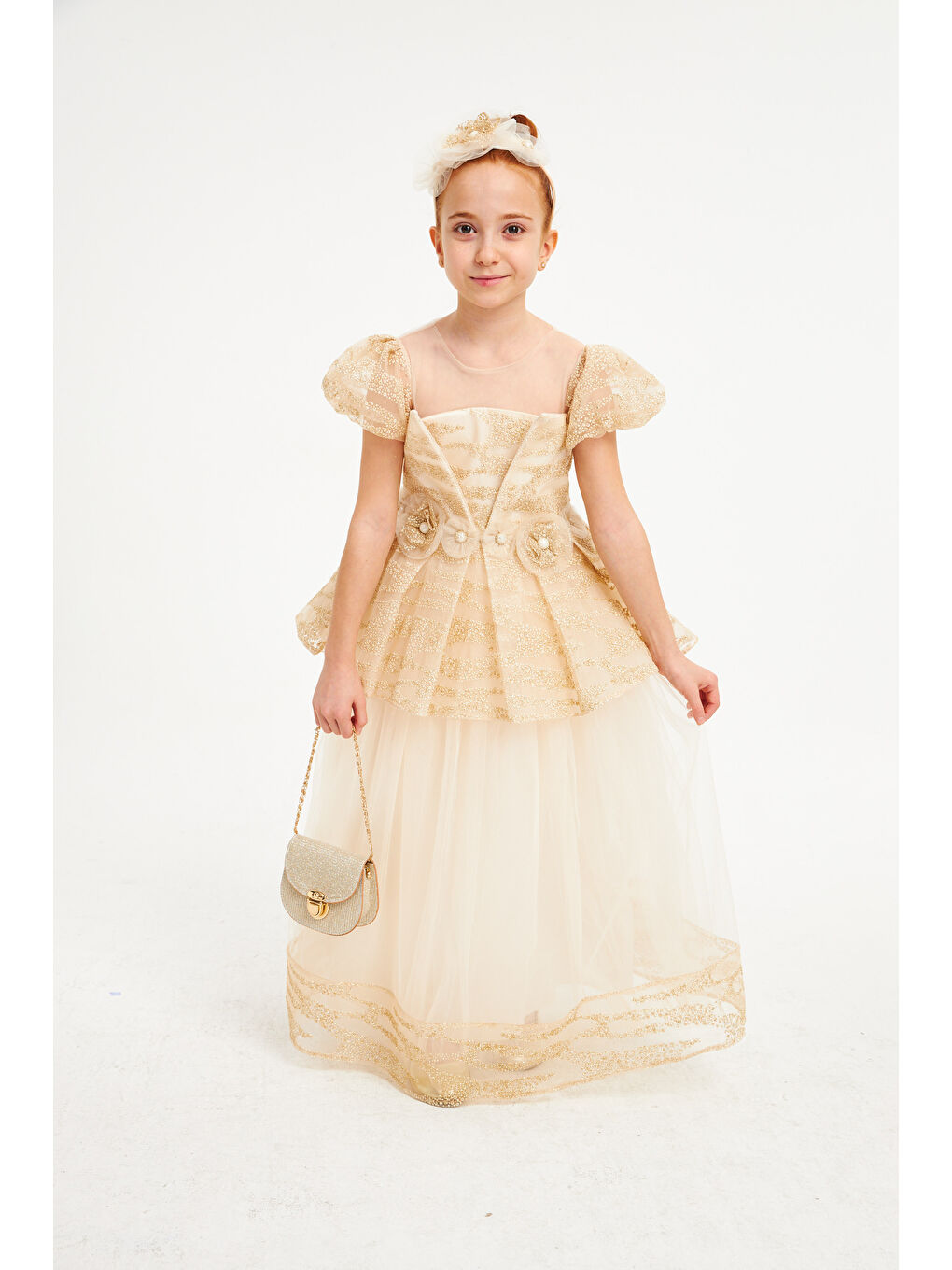 Bej Özel Tasarım Çiçek Kabartmalı Simli Abiye