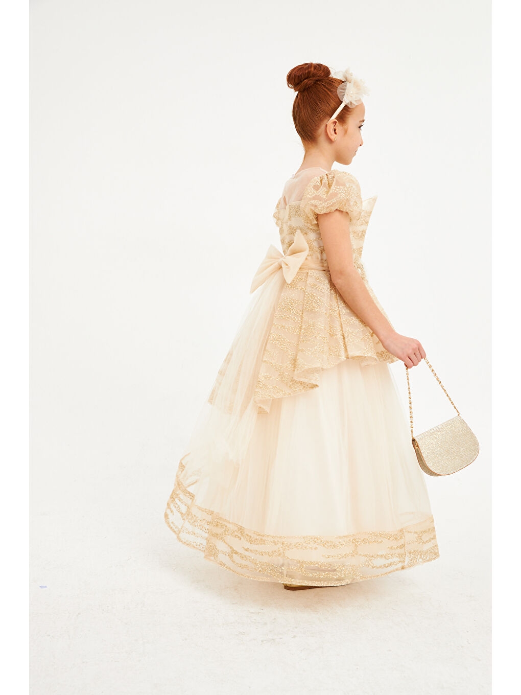 Bej Özel Tasarım Çiçek Kabartmalı Simli Abiye-2