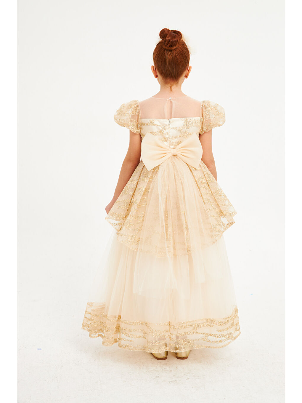 Bej Özel Tasarım Çiçek Kabartmalı Simli Abiye-3