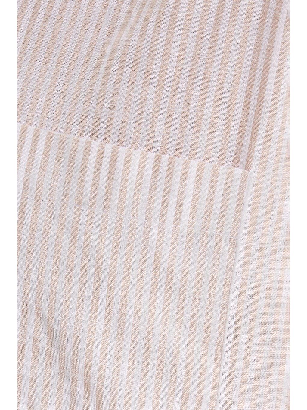 Erkek Regular Fit Klasik Kesim Uzun Kollu %100 Pamuk Keten Doku Tek Cepli Bej Çizgili Gömlek-5