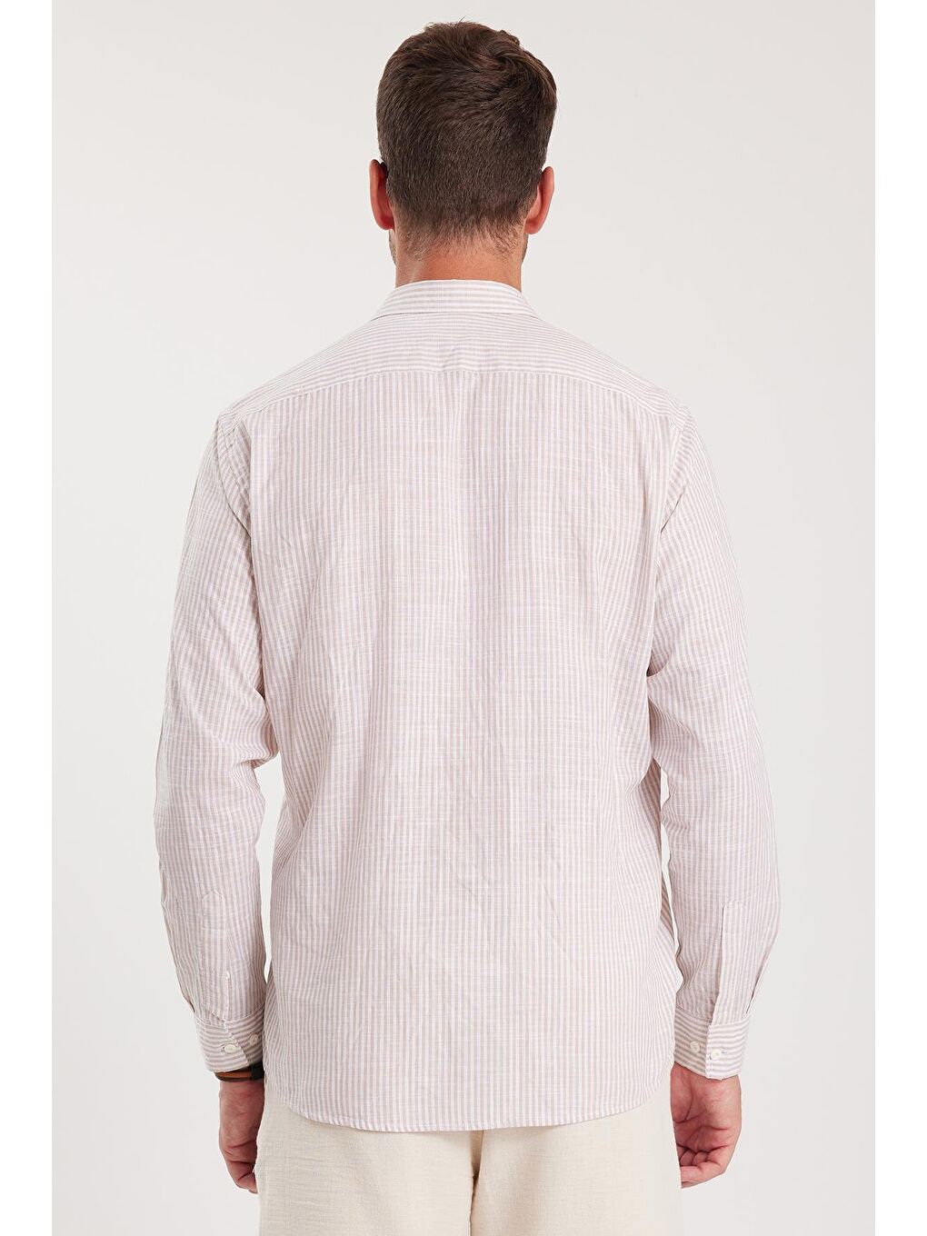 Erkek Regular Fit Klasik Kesim Uzun Kollu %100 Pamuk Keten Doku Tek Cepli Bej Çizgili Gömlek-6