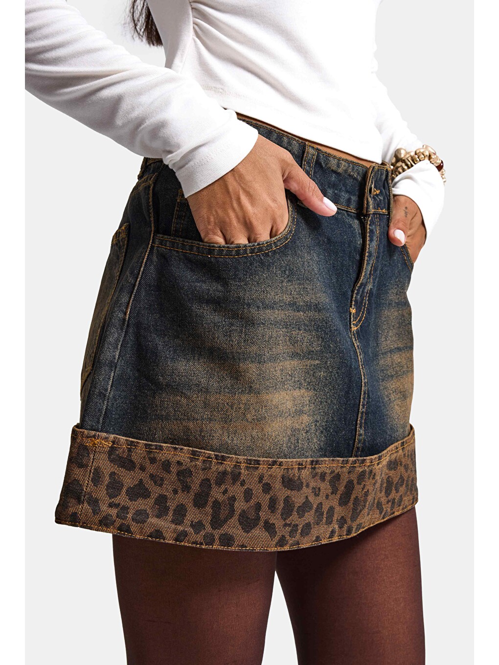 Mavi Kadın Koyu Jean 2w6-8 Straight Leopar Detaylı Tasarım Denim Etek-2