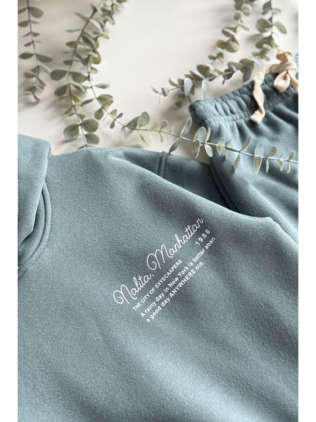 Yeşil Kız Çocuk Kapüşonlu Baskılı 3 İplik Pamuklu Kumaş Alt Üst Takım-3