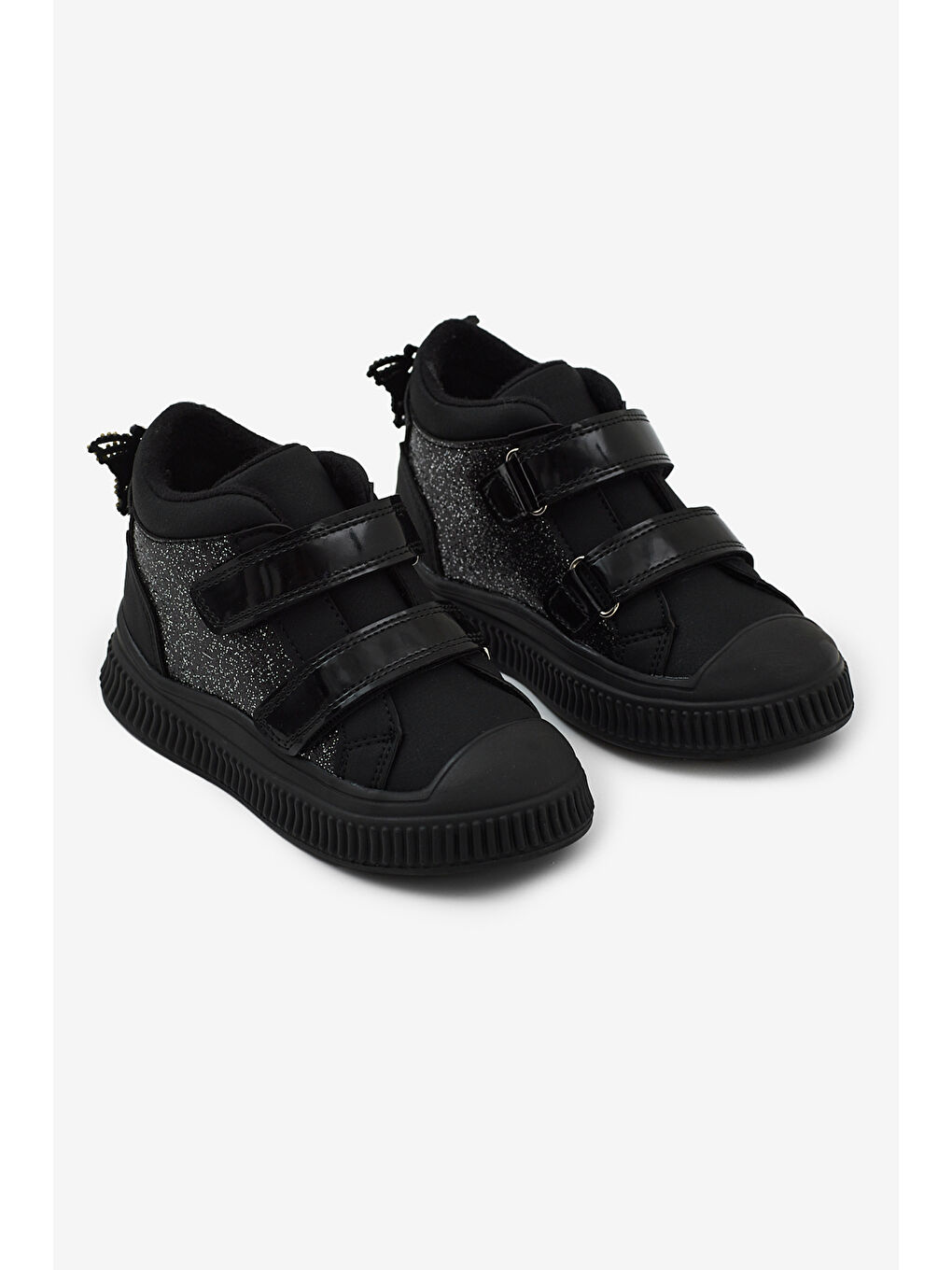 Çocuk Unisex Siyah Simli Esnek Termo Taban Çift Cırtlı Şerit Desenli Spor Kısa Bot