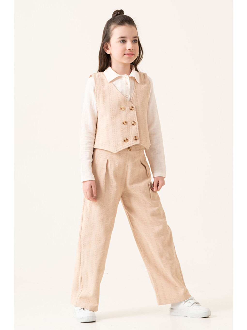Ekru Krem Armürlü Yelekli Düğmeli Gömlekli Kız Çocuk 3lü Takım 20529