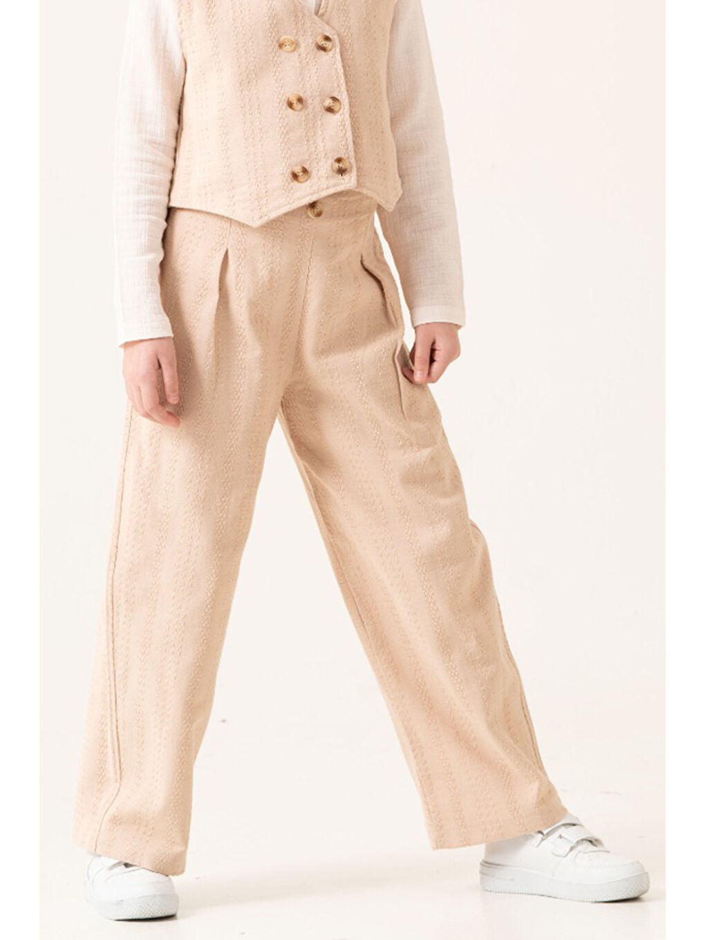 Ekru Krem Armürlü Yelekli Düğmeli Gömlekli Kız Çocuk 3lü Takım 20529-1