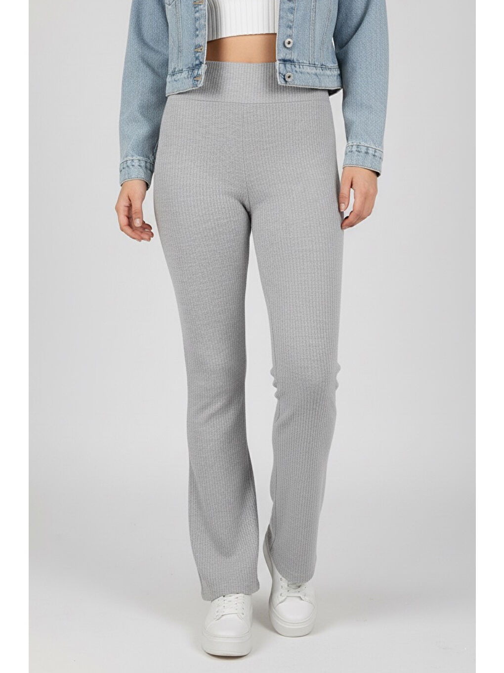 İspanyol Paça Yüksek Bel Raporlu Tayt Gri - 27980-GRI