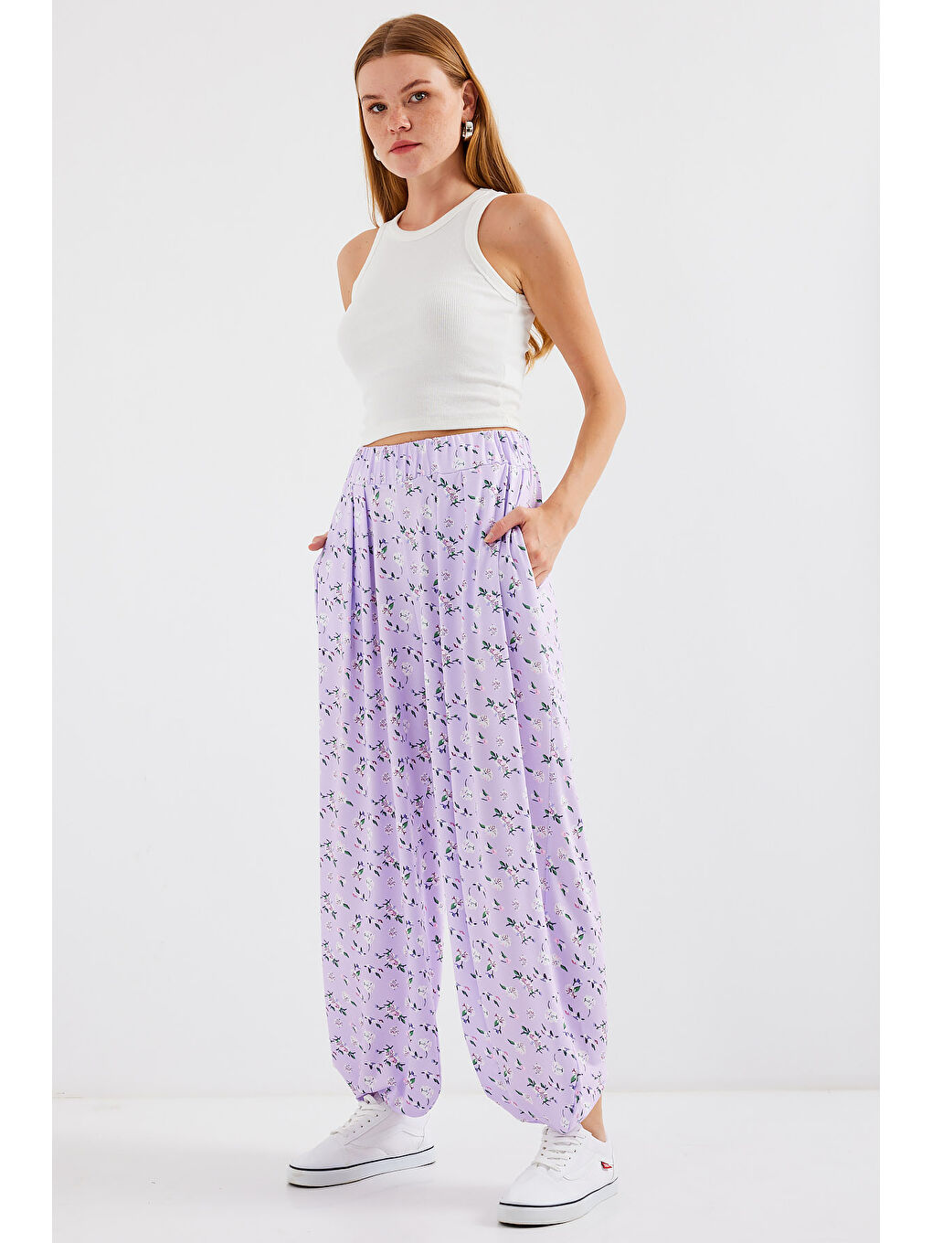 6665 Desenli Şalvar Pantolon - Lila