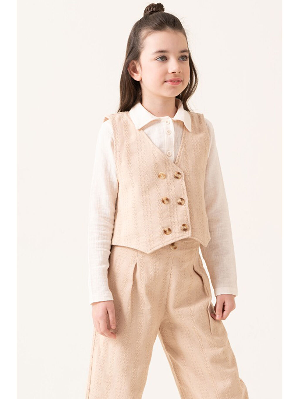 Ekru Krem Armürlü Yelekli Düğmeli Gömlekli Kız Çocuk 3lü Takım 20529-2