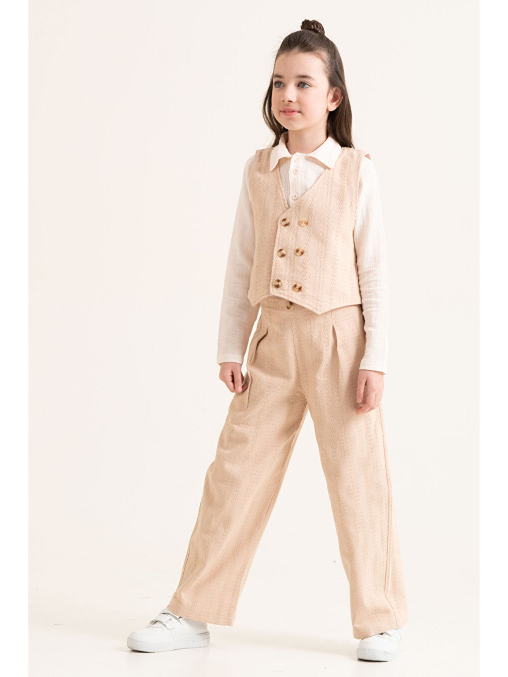 Ekru Krem Armürlü Yelekli Düğmeli Gömlekli Kız Çocuk 3lü Takım 20529-3