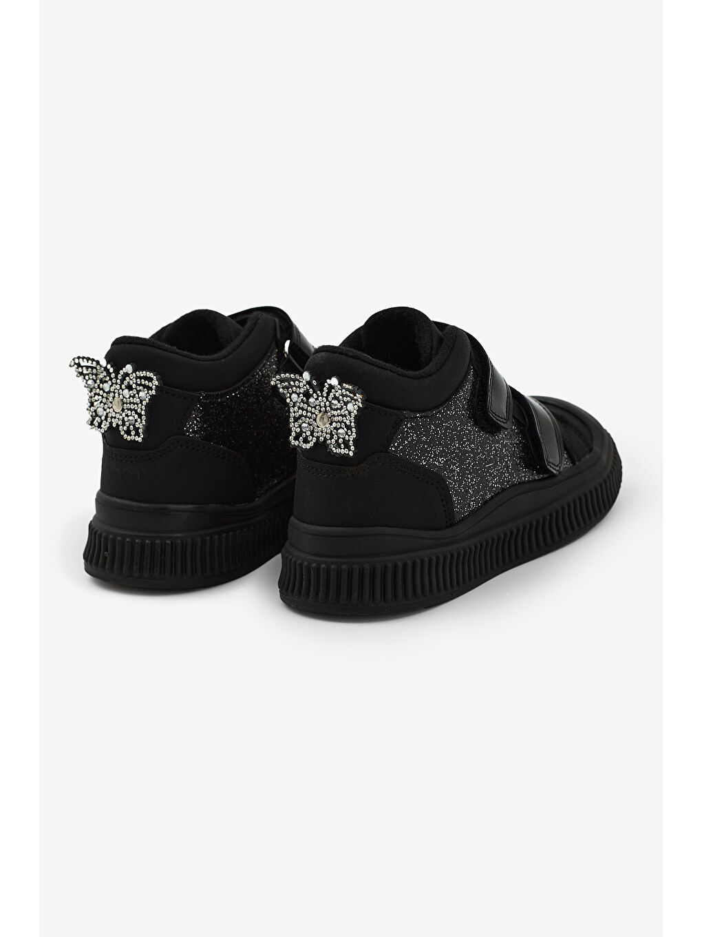 Çocuk Unisex Siyah Simli Esnek Termo Taban Çift Cırtlı Şerit Desenli Spor Kısa Bot-2